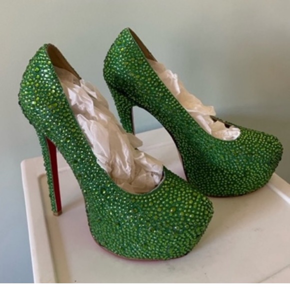 Green Rhinestone High Heels - Red Bottoms - Picture 1 of 5